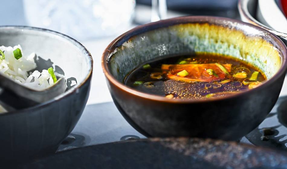 Nahaufnahme einer würzigen Suppe mit Gemüsewürfeln und Kräutern in einer dunklen Schale, daneben Reis im #herrhoshi.