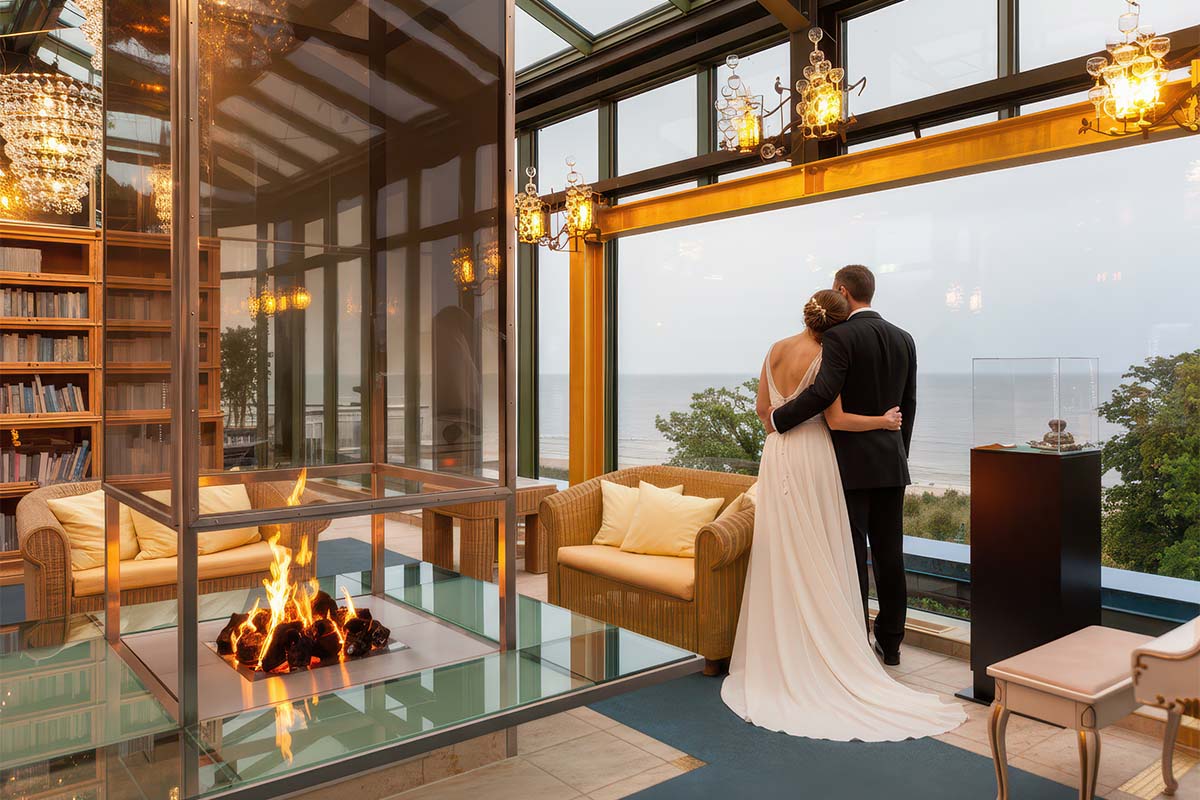 Hochzeitspaar im Wintergarten des Kaiserhofs Heringsdorf mit Blick auf die Ostsee.
